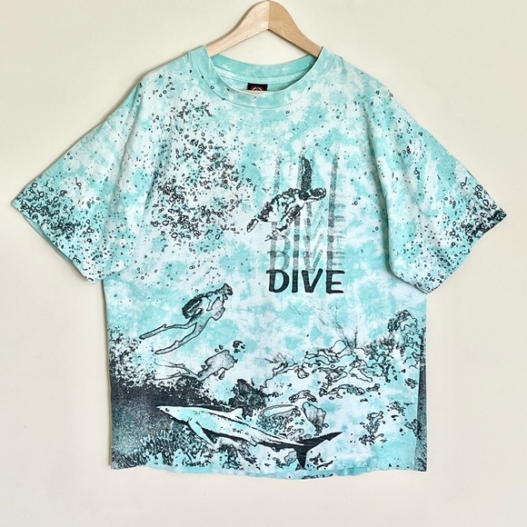 Vintage 90s Dive All Over Scuba Ocean Bubble Print Aqua Tie Die T Shirt Adult XL - Picture 3 of 16